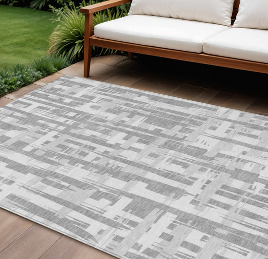 8' X 10' Gray Silver And Ivory Striped Washable Indoor Outdoor Area Rug