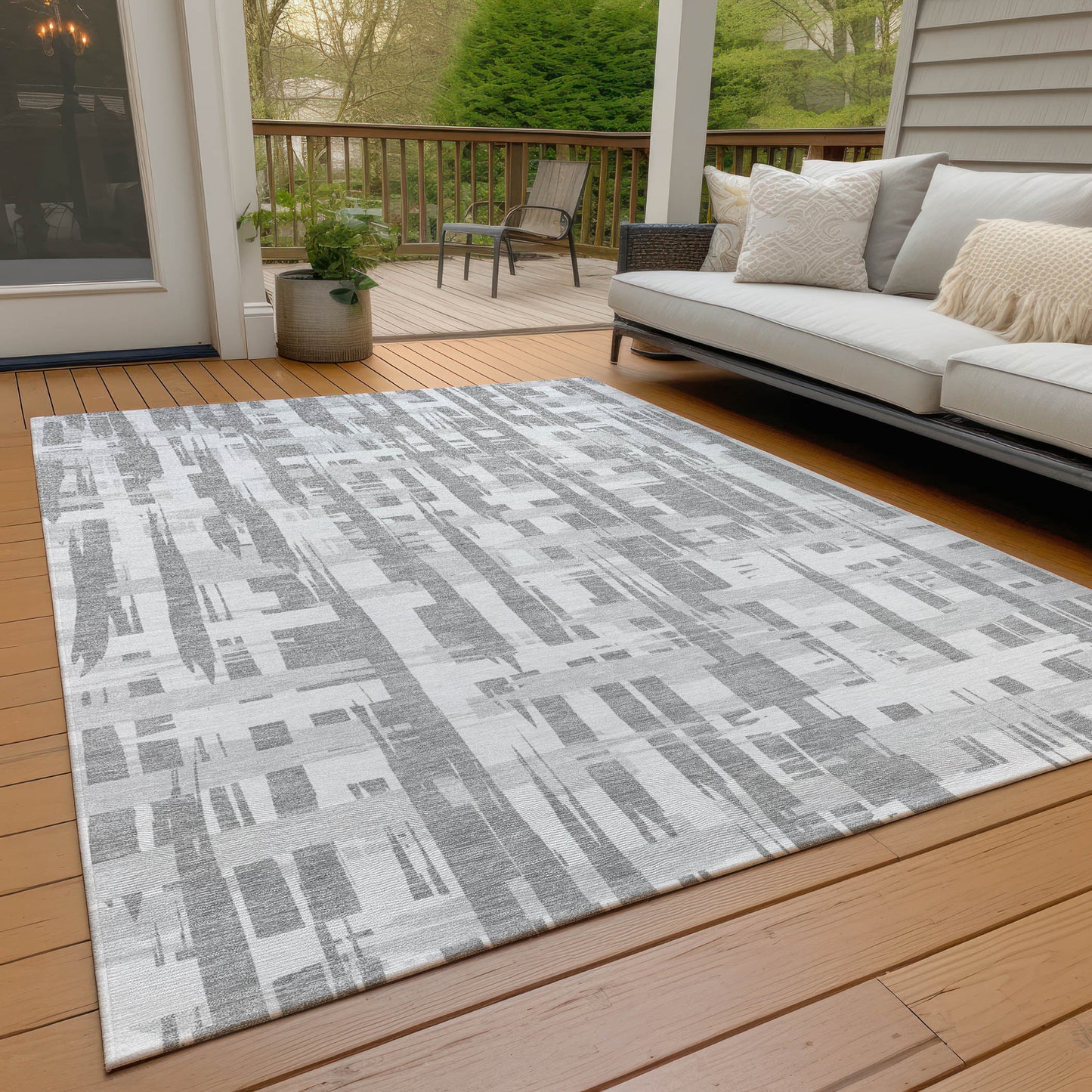 8' X 10' Gray Silver And Ivory Striped Washable Indoor Outdoor Area Rug
