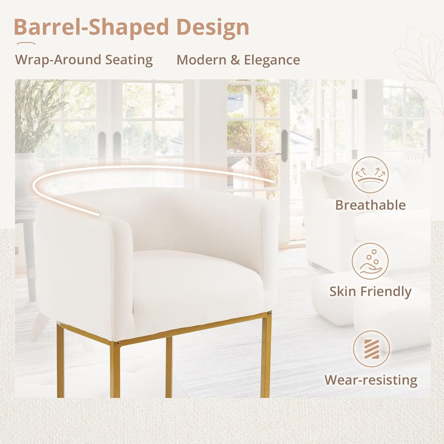 27" H Counter Height Bar Stools, Modern Barrel Counter Stools with Backrest and Arms, Gold Metal Frames, Linen Fabric Upholstered Accent Barstools for Kitchen Island, Beige