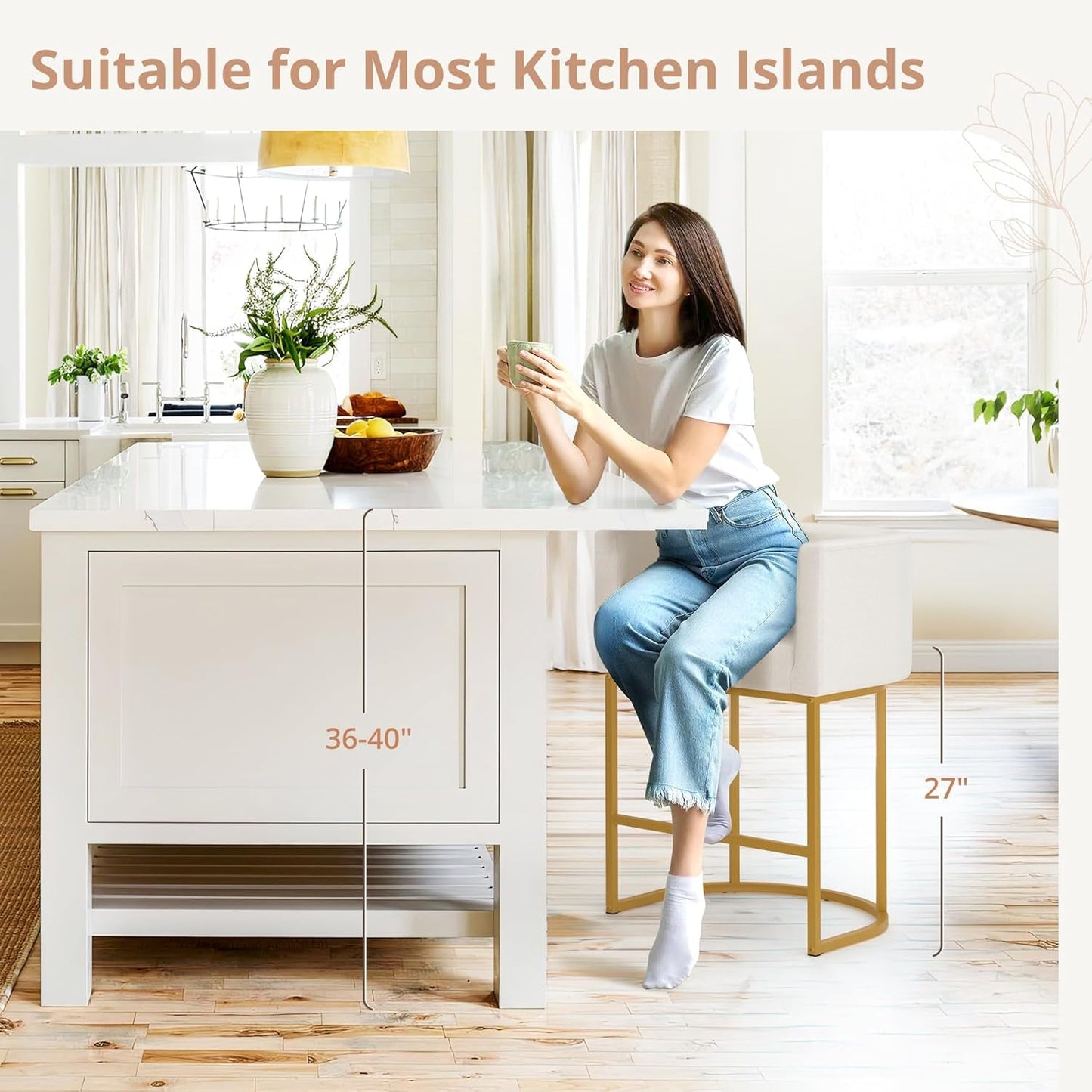 27" H Counter Height Bar Stools, Modern Barrel Counter Stools with Backrest and Arms, Gold Metal Frames, Linen Fabric Upholstered Accent Barstools for Kitchen Island, Beige