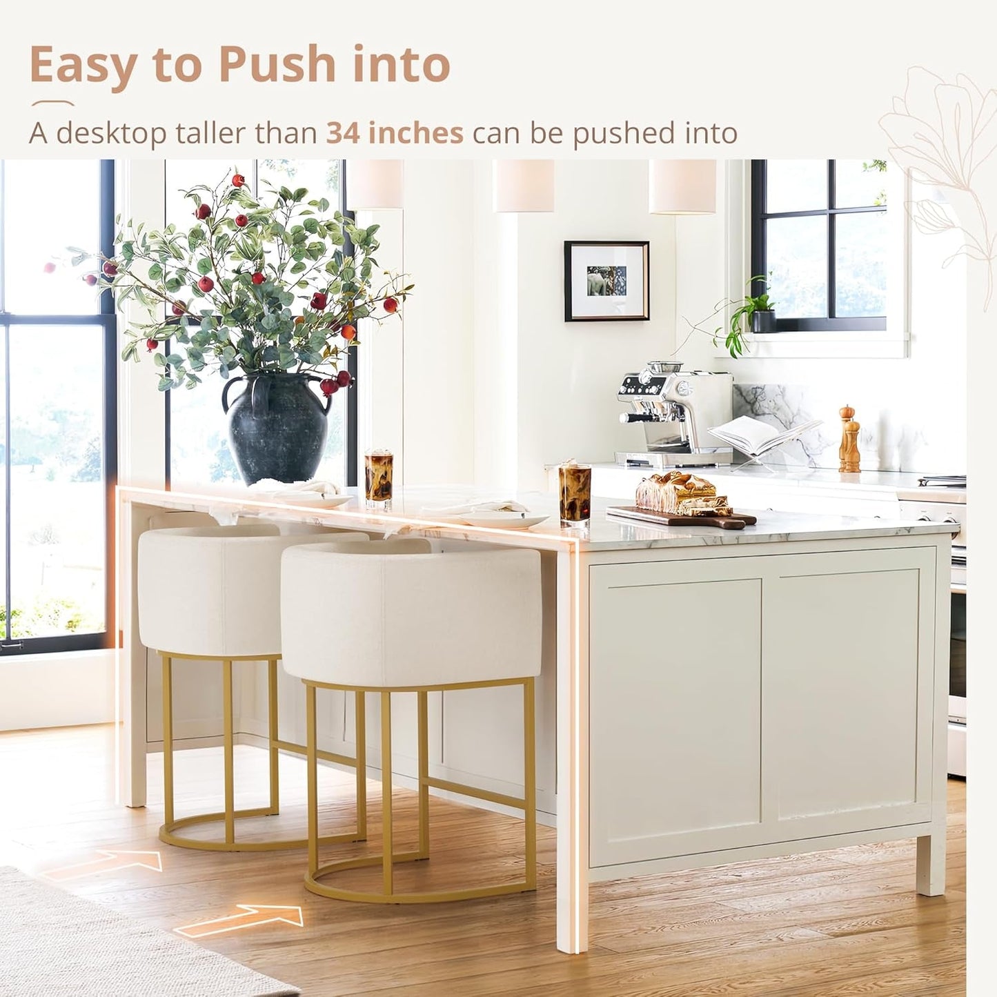 27" H Counter Height Bar Stools, Modern Barrel Counter Stools with Backrest and Arms, Gold Metal Frames, Linen Fabric Upholstered Accent Barstools for Kitchen Island, Beige