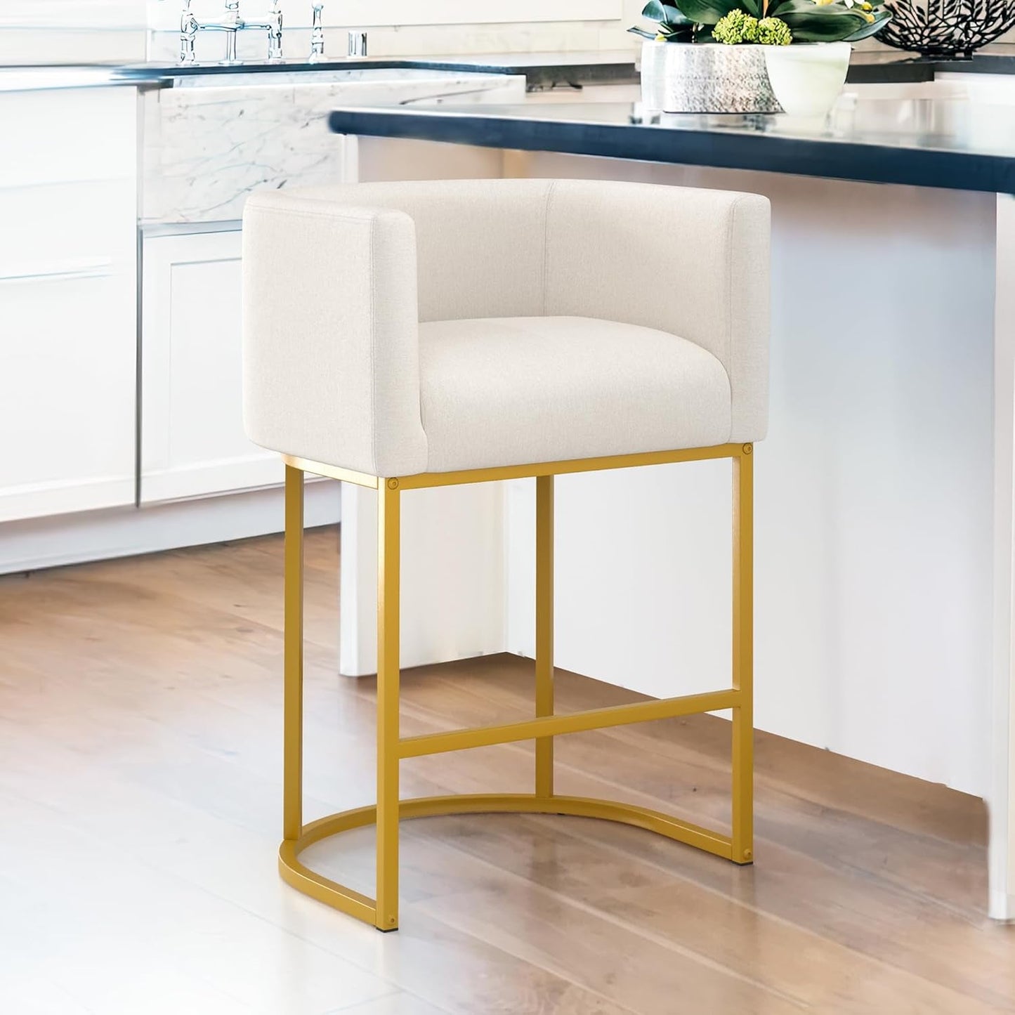 27" H Counter Height Bar Stools, Modern Barrel Counter Stools with Backrest and Arms, Gold Metal Frames, Linen Fabric Upholstered Accent Barstools for Kitchen Island, Beige