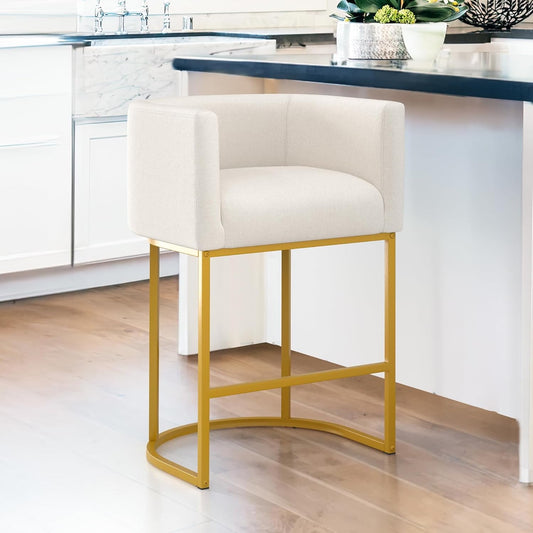 27" H Counter Height Bar Stools, Modern Barrel Counter Stools with Backrest and Arms, Gold Metal Frames, Linen Fabric Upholstered Accent Barstools for Kitchen Island, Beige