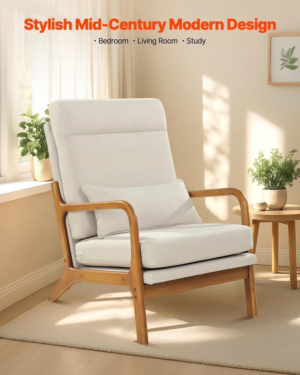 High Back Mid Century Modern Accent Chair Linen Fabric