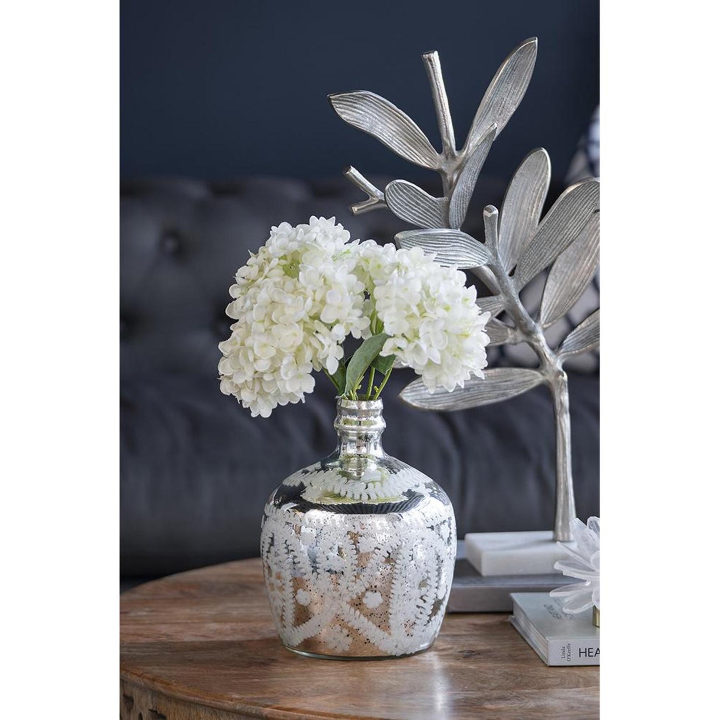 10" Silver Floral Round Glass Table Vase