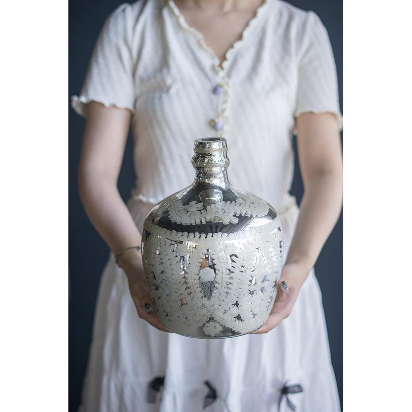 10" Silver Floral Round Glass Table Vase