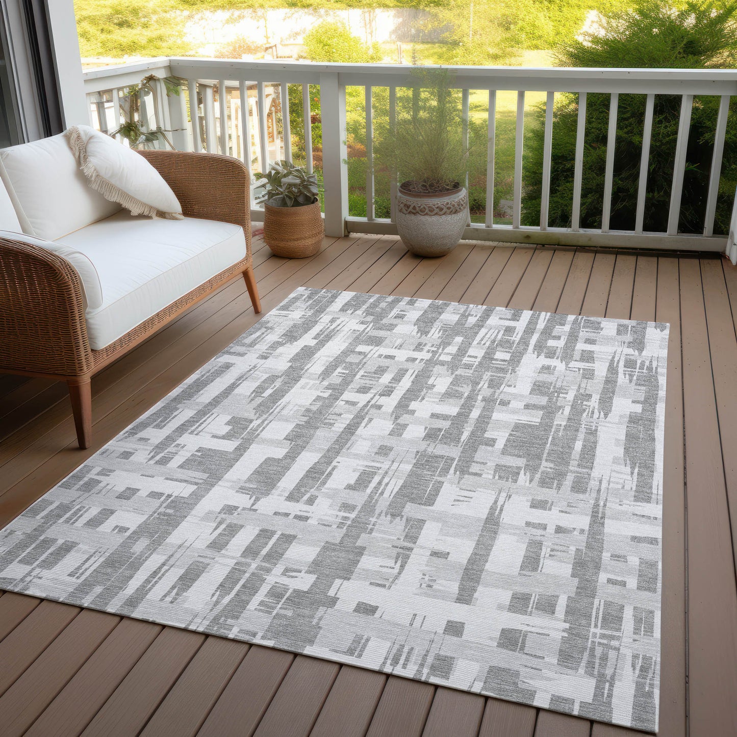 8' X 10' Gray Silver And Ivory Striped Washable Indoor Outdoor Area Rug