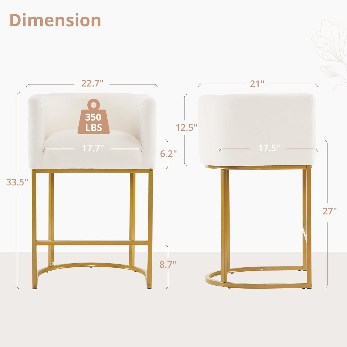 27" H Counter Height Bar Stools, Modern Barrel Counter Stools with Backrest and Arms, Gold Metal Frames, Linen Fabric Upholstered Accent Barstools for Kitchen Island, Beige