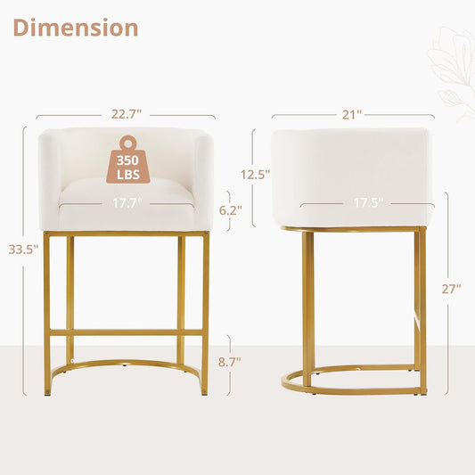 27" H Counter Height Bar Stools, Modern Barrel Counter Stools with Backrest and Arms, Gold Metal Frames, Linen Fabric Upholstered Accent Barstools for Kitchen Island, Beige