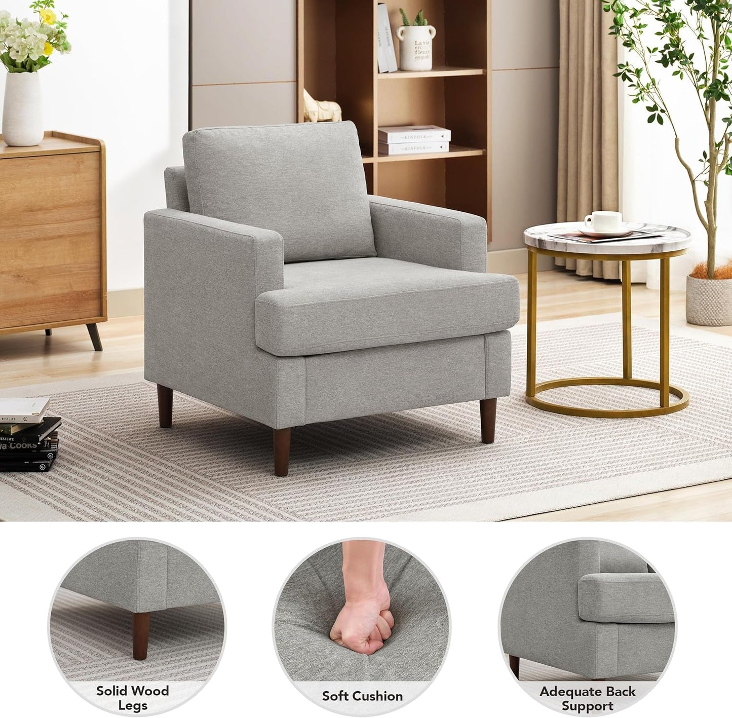 Mid Century Linen Upholstered Accent Armchair Grey