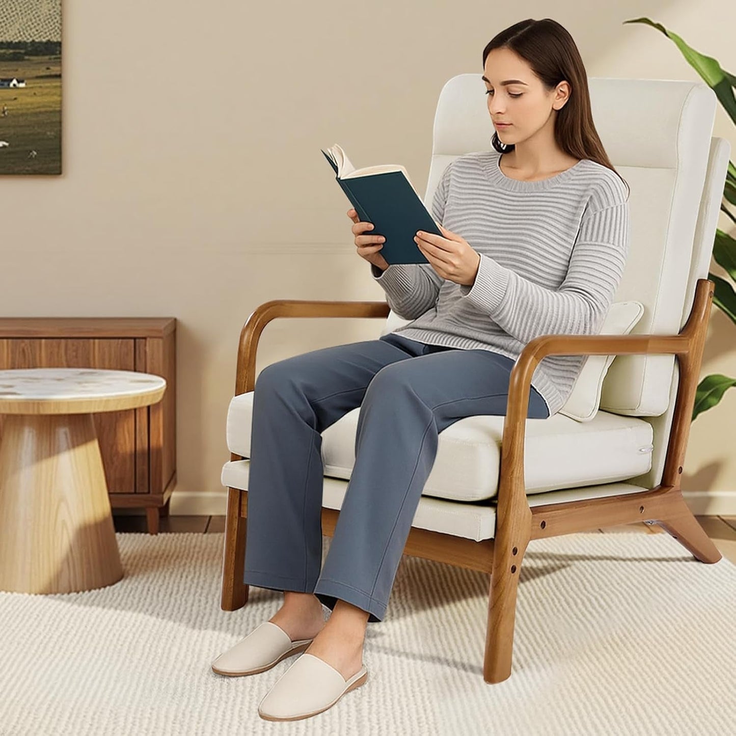 High Back Mid Century Modern Accent Chair Linen Fabric